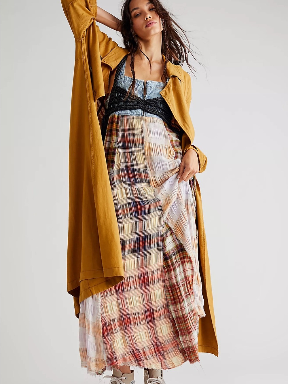 Free People We The Free Mix It Up Maxi Dress Splinter Plaid Denim Size 10 NWT - Picture 14 of 15